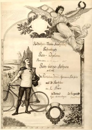 Urkunde über die erfolgreiche Teilnahme am Preis-Corso-Fahren des Radfahrer-Verein Frisch AUF Tiefebach vom 22.08.1920